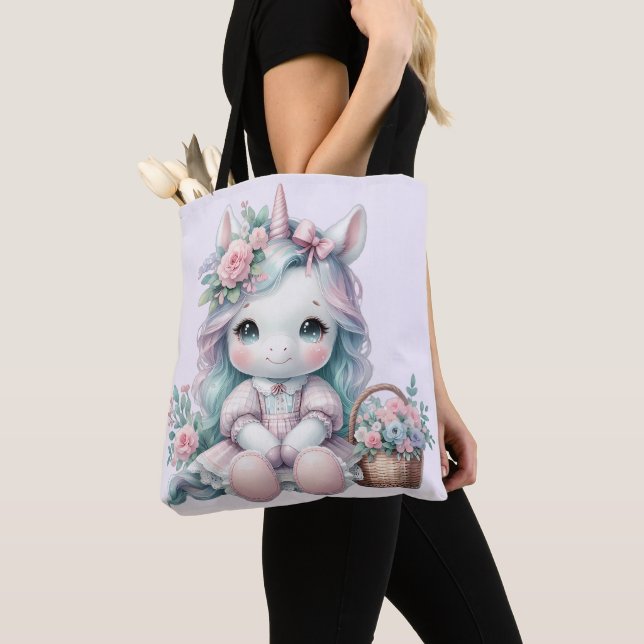 Bolsa Tote Pastel Kawaii Unicorn Doll with Flower Basket (Close Up)