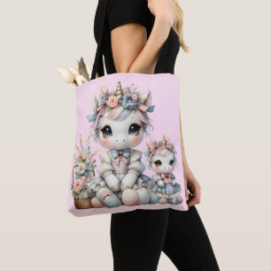 Bolsa Tote Pastel Kawaii Unicorn Mãe Filha Duo Rosa