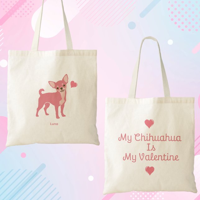 Bolsa Tote Pastel Pink Chihuahua Valentine Tote, Custom Name (Criador carregado)