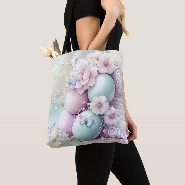 BOLSA TOTE PASTEL PINK & GREEN EASTER EGGS & FLOWERS (Close Up)