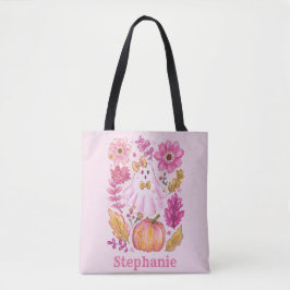 Bolsa Tote Pastel Pink Halloween Ghost with Custom Name