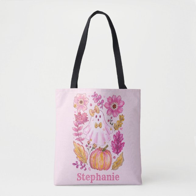 Bolsa Tote Pastel Pink Halloween Ghost with Custom Name (Frente)