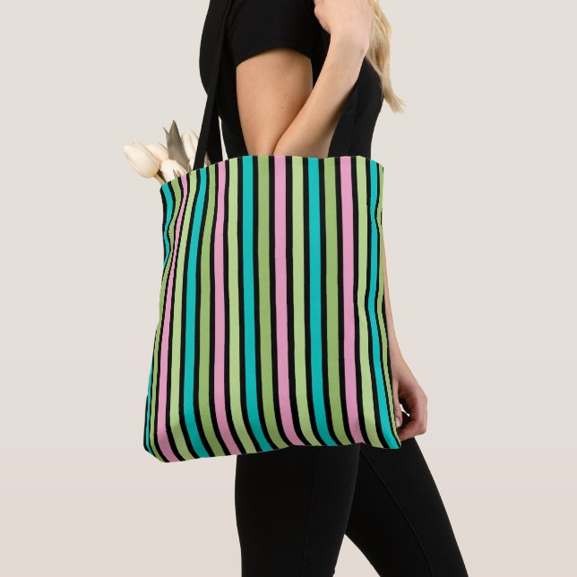 Bolsa Tote Pastel Rainbow Vertical Lines Geometric Pink Green (Close Up)