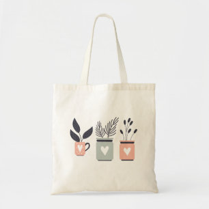 Bolsa Tote Pastel, rosa e cinzas, plantas modernas potes