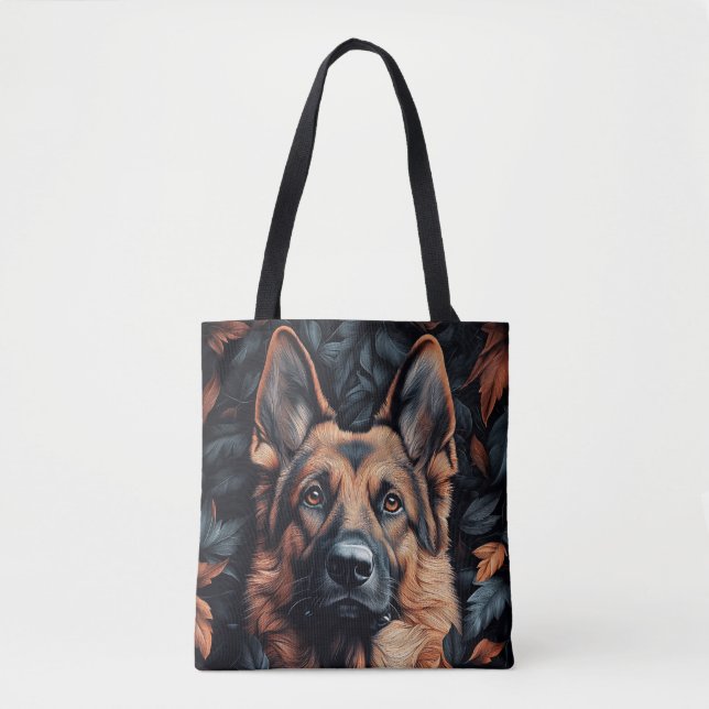 Bolsa Tote Pastor Alemão entre Folhas (Frente)