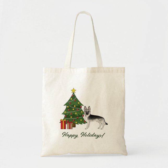Bolsa Tote Pastor Alemão Sable Prata e Natal Verde (Frente)