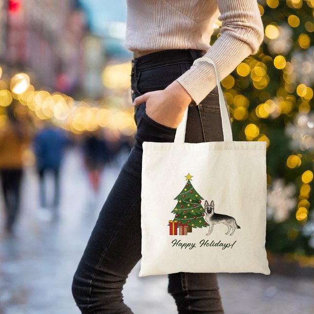 Bolsa Tote Pastor Alemão Sable Prata e Natal Verde (Please note: This image is a digital mockup. The product may not be in scale.)