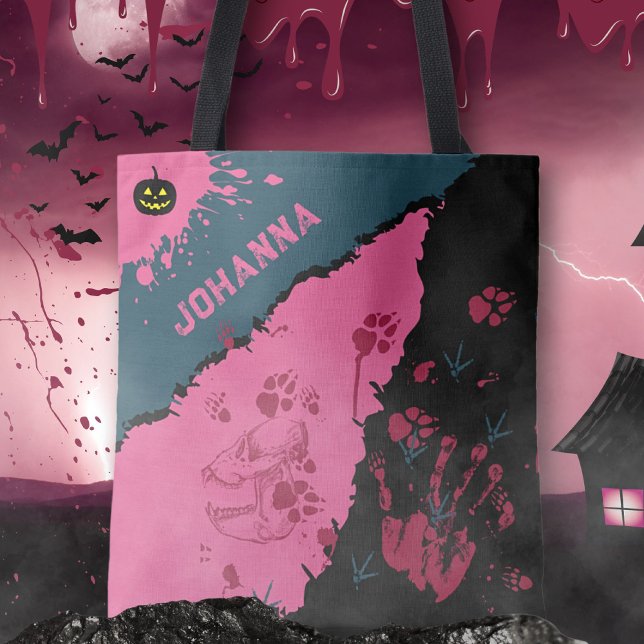 Bolsa Tote Pata rosa e preta manchada imprime a barra de ferr (Pink & Black Spooky Paw Prints Tote Bag ©Susanne Sachers - Sunny Mind 🌞)