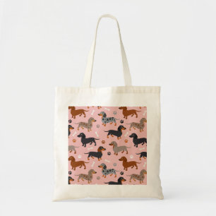 Bolsa Tote Patas Dachshund e Padrões Ossos Rosa