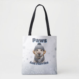 Bolsa Tote Patas & Flocos - Design de Cachorro de Inverno