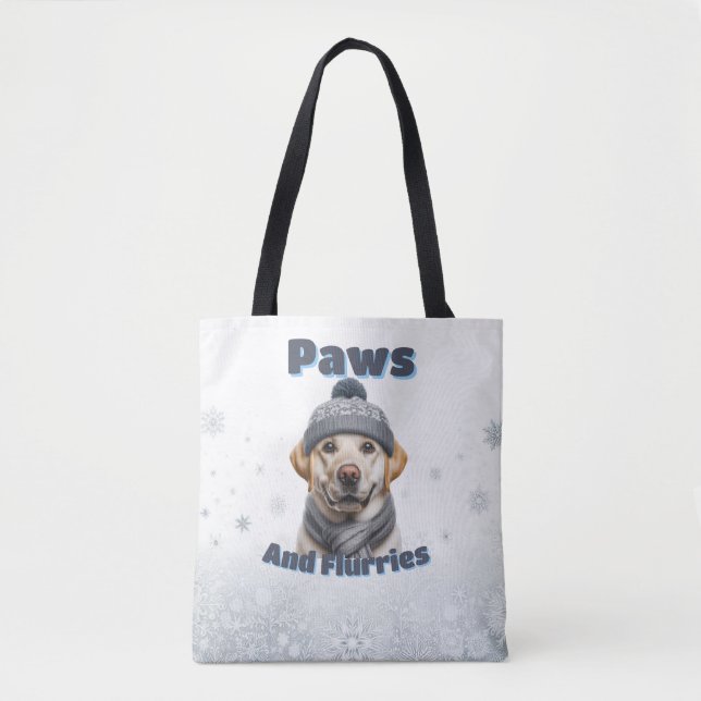 Bolsa Tote Patas & Flocos - Design de Cachorro de Inverno (Frente)