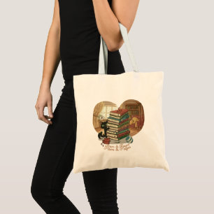 Bolsa Tote Patas & Páginas Gato Fofo e Cachorro na Bibliote