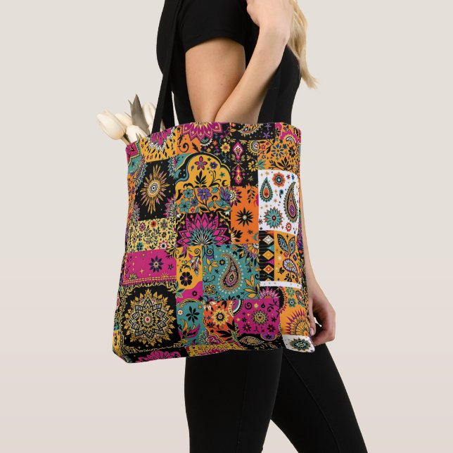 Bolsa Tote Patchwork da Boêmia, Mandala e Paisley Pattern (Close Up)