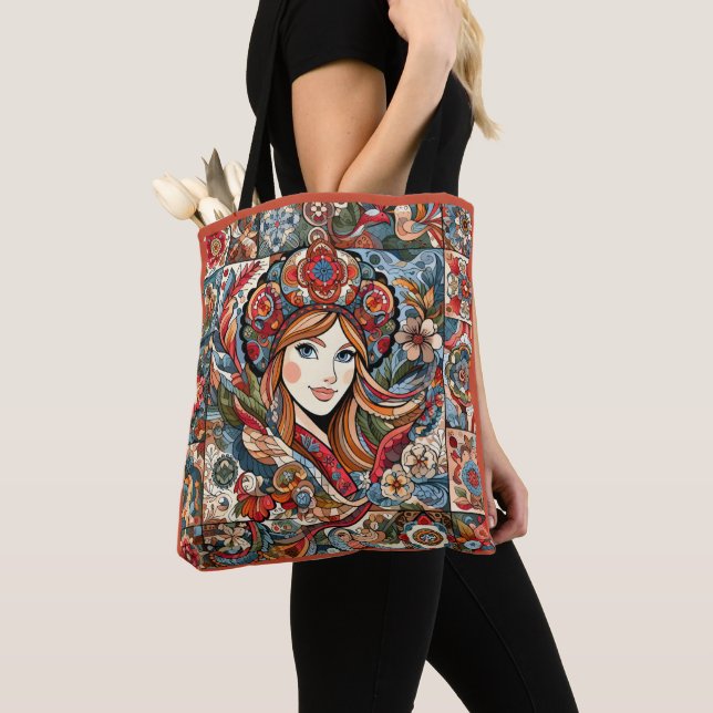 Bolsa Tote Patchwork de arte foliar russa Bohemian Chic Red B (Close Up)