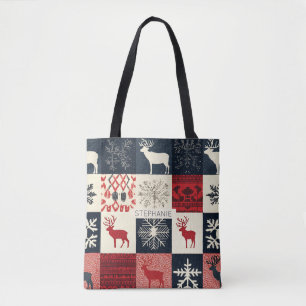 Bolsa Tote Patchwork do Fair Isle Knited   Holiday Reindeer
