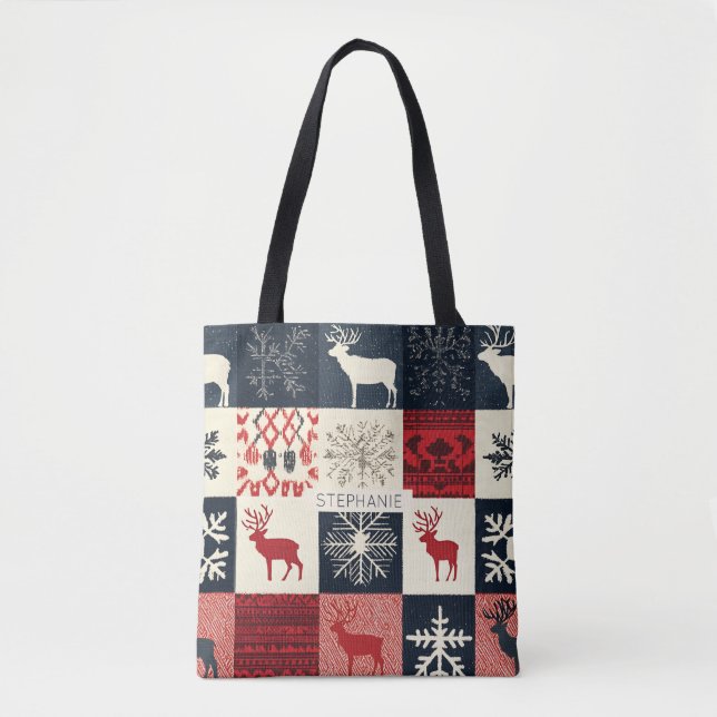Bolsa Tote Patchwork do Fair Isle Knited | Holiday Reindeer (Frente)