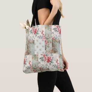 Bolsa Tote Patchwork do Pastel Green Florals do Chique Vintag
