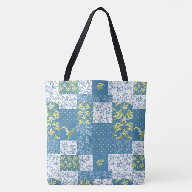 Bolsa Tote Patchwork dos lírios do Vale em Azul (Frente)