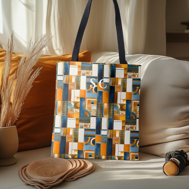 Bolsa Tote Patchwork Geométrico de Outono com Laranja e Azul (Criador carregado)