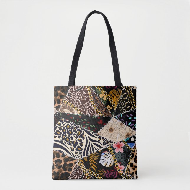 Bolsa Tote Patchwork Leopard: Design de Linhagem Étnica. (Frente)