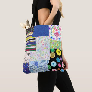 Bolsa Tote patchwork padrão floral em fundo preto. Vetor