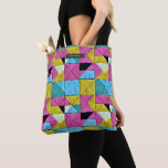 Bolsa Tote Patchwork Quilt Inspirou Boho Trompe L'oeil<br><div class="desc">A manta de retalhos inspirou design com esquema de cor rosa,  azul e amarelo. Personalize com o nome sobre o retângulo de cinza no topo.</div>