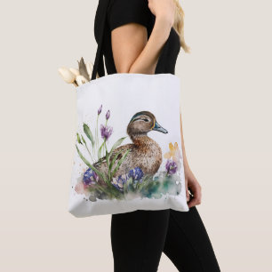 Bolsa Tote Pato em Aquarela Entre Flores