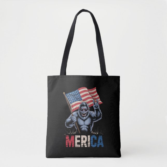 Bolsa Tote Patriótico Bigfoot Merica Rock American Flag (Frente)