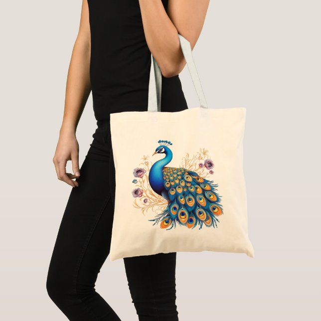 Bolsa Tote Pavão Com Flores Roxas (Frente (produto))