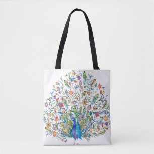 Bolsa Tote Pavão floral de aquarela
