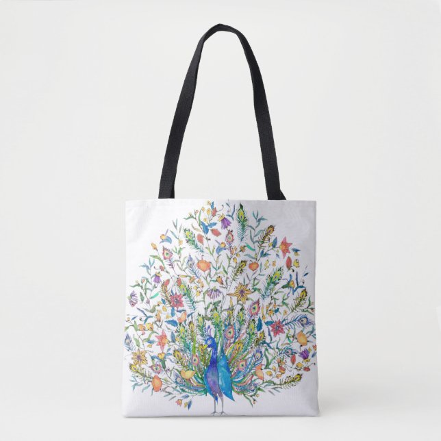 Bolsa Tote Pavão floral de aquarela (Frente)