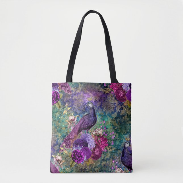 Bolsa Tote Pavão roxo coroado com flores (Frente)