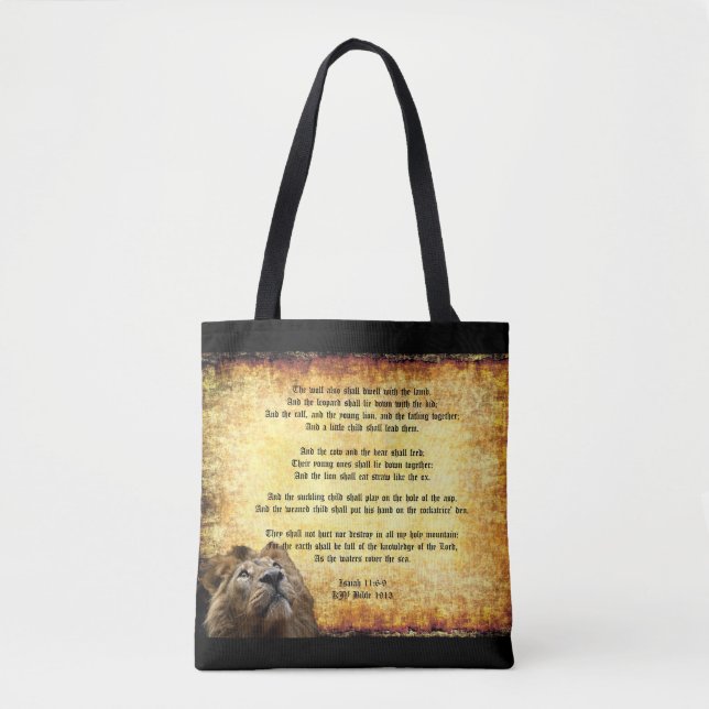 Bolsa Tote Pax Christos, Leão com Isaiah 11:6-9 (Frente)