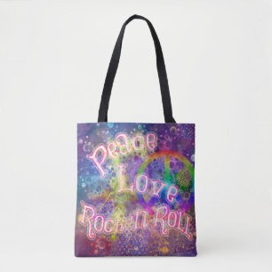 Bolsa Tote Paz, Amor & Rock 'n Roll   Boho Hippie Brilhante