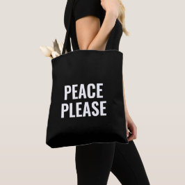 Bolsa Tote Paz, texto branco e preto para protesto anti-guerr