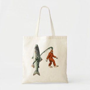 Bolsa Tote Pé Grande Pescado Sasquatch Engraçado e Lago de Pe