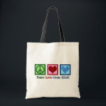 Bolsa Tote Peace Love Cross Stitch<br><div class="desc">Bonito presente para alguém que ama criar coisas. Este presente da Cross Stitch do Peace Love apresenta um sinal de paz,  coração e um bonito coração de padrão cruzado.</div>
