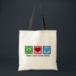 Bolsa Tote Peace Love Cross Stitch<br><div class="desc">Bonito presente para alguém que ama criar coisas. Este presente da Cross Stitch do Peace Love apresenta um sinal de paz,  coração e um bonito coração de padrão cruzado.</div>