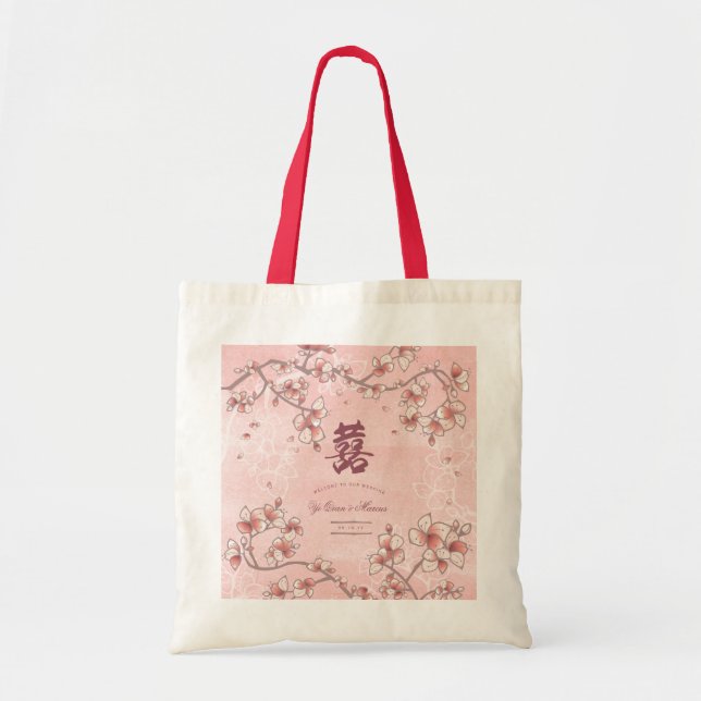 Bolsa Tote Peach Blossoms Dupla Felicidade Casamento Chinês (Frente)