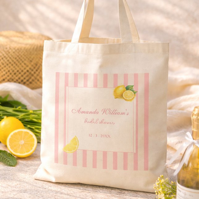 Bolsa Tote Peach Lemon Stripes Bridal Shower Pastel Favor (Criador carregado)