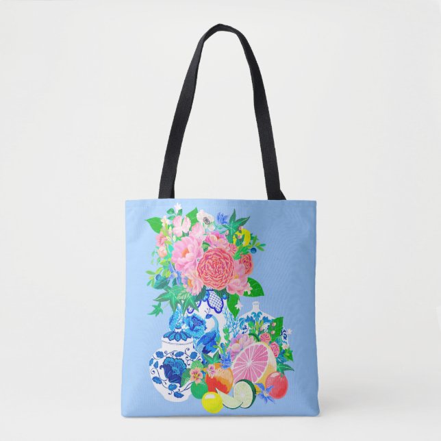 Bolsa Tote Peacock Chinoiserie Vase com Flowers Shopping Bag (Frente)