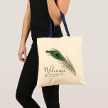 Bolsa Tote Peacock Feather | Saco de Tote Ameaçado<br><div class="desc">Sacos de tote de casamento para a suíte de casamento de poise de penas de pavão apresentando sua única informação de dia de casamento.</div>