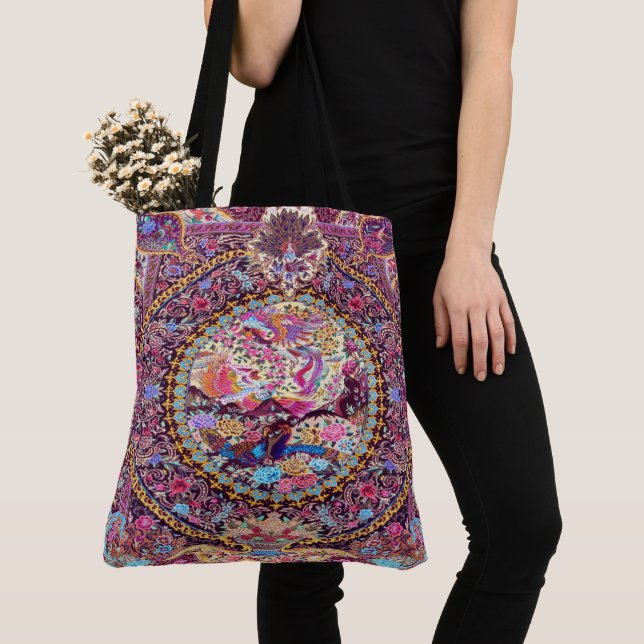 Bolsa Tote Peacock Flor Persa Azul Dourado Roxo (Close Up)
