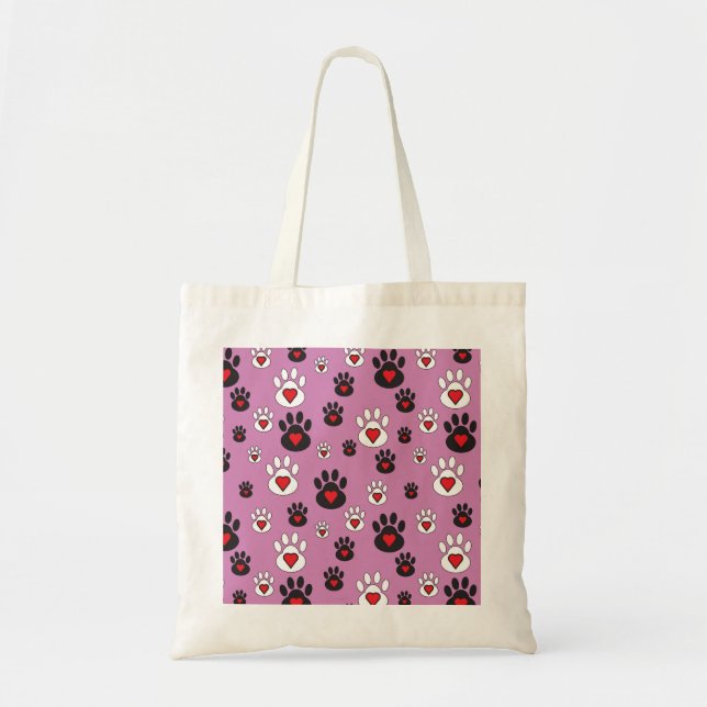 Bolsa Tote Pegadas com corações vermelhos em rosa  (Frente)
