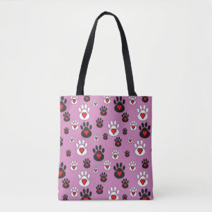 Bolsa Tote Pegadas com corações vermelhos em rosa 