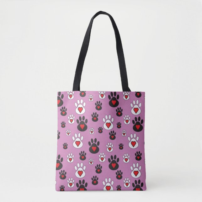 Bolsa Tote Pegadas com corações vermelhos em rosa  (Frente)