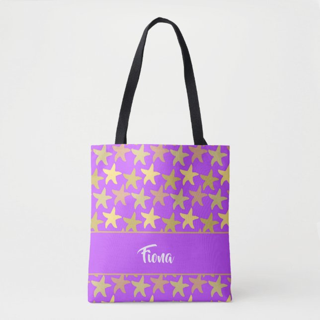 Bolsa Tote Peixe-estrela colorido em roxo (Frente)