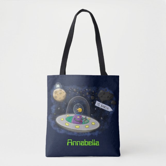 Bolsa Tote Peixe feliz bonito com ilustração de desenho espac (Frente)