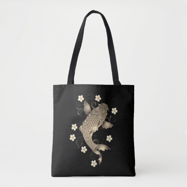 Bolsa Tote Peixe-koi, preto oriental e ouro, elegante floral (Frente)