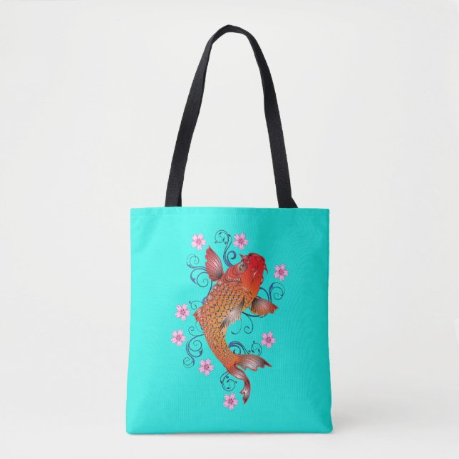 Bolsa Tote Peixe-koi - Turquesa-laranja-oriental (Frente)